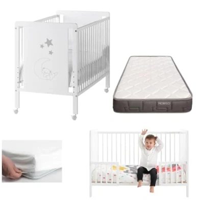 Imagen de COOL · DREAMS Cuna Bebe con colchón Convertible en Cama Indi, Blanca, Madera de Haya. Incluye barandillas para convertirla Cama, el Top Ventas Morfeo y Protector del CoolDreams