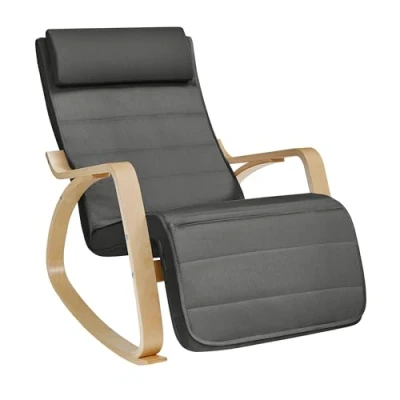 Imagen de SONGMICS Silla Mecedora, con Apoyabrazos de Madera Abedul, Mecedora Reposapiés Ajustable en 5 Posiciones, Máx. Carga 150 kg, Dormitorio, Salón, Gris Oscuro y Natural LYY10G