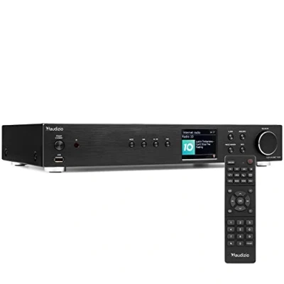 Imagen de Audizio Adria Receptor de Radio Internet con Amplificador, WLAN Dab+ y Bluetooth, Spotify Connect, Dab+, FM USB, AUX, Salida RCA, óptico, Reloj Despertador, Control Remoto del Reloj, Plateada