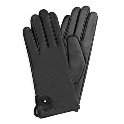 Imagen de Navaris Guantes de cuero para mujer 2x Guante piel genuina napa con forro cachemira botón y función táctil pantalla Talla L negro