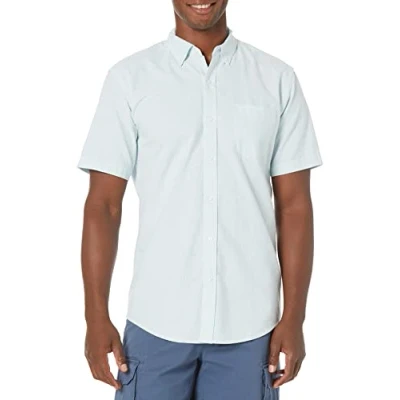 Imagen de Amazon Essentials Camisa Oxford con Bolsillo de Manga Corta y Ajuste Normal Hombre, Azul Rayas, XL