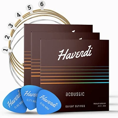 Imagen de HAVENDI® Cuerdas de guitarra Western para acústica (6 cuerdas), acero, con revestimiento fósforo bronce (juego 6 incluye 3 púas