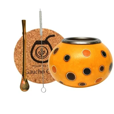Imagen de Gaucho Cebar Juego para té Yerba Mate con calabaza natural Ibáñez, taza de y bombilla pajita acero inoxidable Straw for Tea Cepillo almohadilla corcho