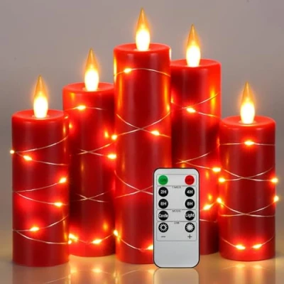 Imagen de Da by vela LED, de batería, con luz cadena estelar, control remoto 10 teclas, función temporizador 24 horas, 5 piezas cera real (rojo).