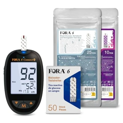 Imagen de FORA 6 Connect Medidor de Glucosa en Sangre con 50 Tiras Reactivas para Glucosa, 25 3 1 (Glucosa, Hemoglobina, Hematocrito) y 10 Cetonas