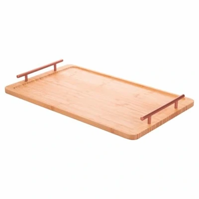 Imagen de Bandeja Rectangular de bambú, 50 x 30 cm, Asas Oro Rosa, Natural