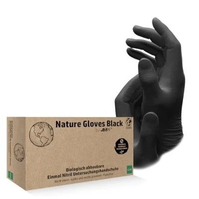 Imagen de AMPRI guantes de nitrilo biodegradables,negros,100 unidades/caja,talla M,sin polvo,Nature Gloves by Med CComfort: desechables disponibles en tallas XS,S,M,L,XL
