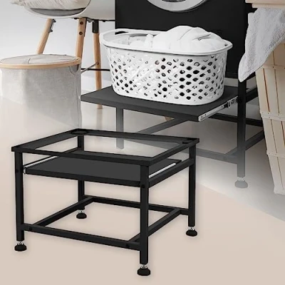 Imagen de ML Design Pedestal para Lavadora o Secadora con Estante Extraíble Negro 62,5 x 53,5 45 cm de Acero, Capacidad hasta 150kg Pies Regulables Soporte Alto Base Estable y Robusta Bastidor Universal