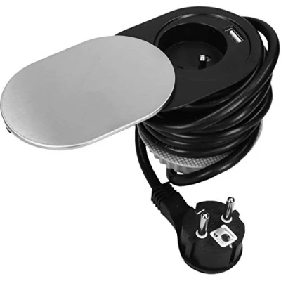 Imagen de Orno AE 13124 Enchufe USB De Mesa Retráctil con Tapa Deslizante Cargador Y Cable 1,9 M Largo Tipo Francés