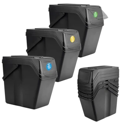 Imagen de KADAX Juego de cubos basura para separación residuos plástico, cubo con tapa hermética, clasificador basura, asas móviles (negro, 3 x 25 L)
