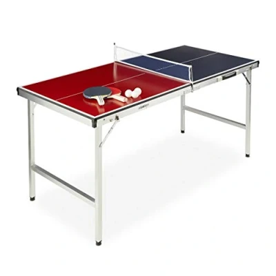 Imagen de Relaxdays Mesa Ping Pong Plegable, Set con 2 Palas, Red y 3 Pelotas, DM Aluminio, 67,5 x 151 cm, Azul Rojo