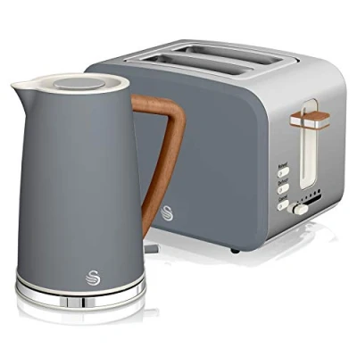 Imagen de Swan Nordic Set Desayuno Hervidor de agua inalámbrico 1,7L 2200W, Tostadora Pan ranura ancha 2 rebanadas, 3 funciones, diseño moderno, efecto madera, gris