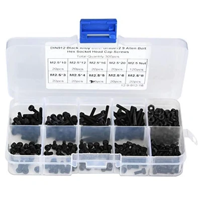 Imagen de Juego de tornillos cabeza hexagonal, 300 piezas M2.5 x 3 20 mm 12.9 Grado Acero aleación negro Tornillo hexagonal con tuerca