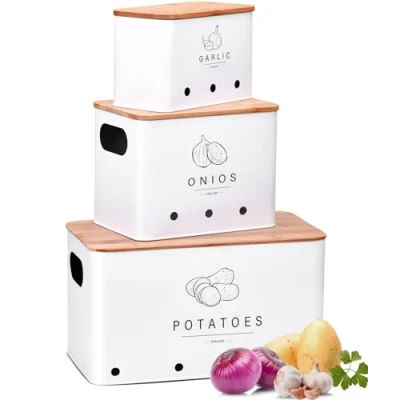 Imagen de YESLUSY Caja Para Guardar Patatas, Juego de 3 Tarros Patatas Cebollas y Ajos, Almacenamiento con Tapa Orificios Ventilacion, Organizador Cocina Diseño Retro (Blanco)
