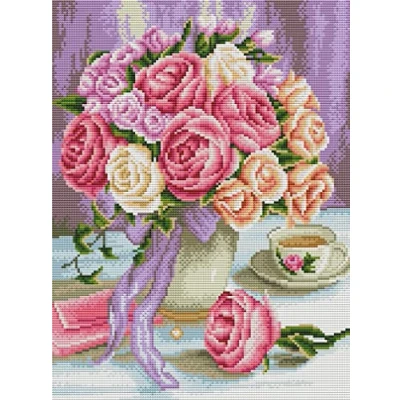 Imagen de Abillyn Kit de punto cruz, diseño rosas blancas y en jarrón estampado con patrón impreso (rosa)