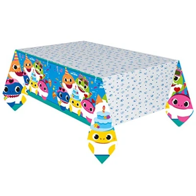 Imagen de Amscan 9909042 Mantel Baby Shark, tamaño aprox. 120 x 180 cm, hecho de papel, multicolor con divertidos motivos tiburón en estado ánimo fiesta, cumpleaños infantiles, decoración mesa, vajilla desechable