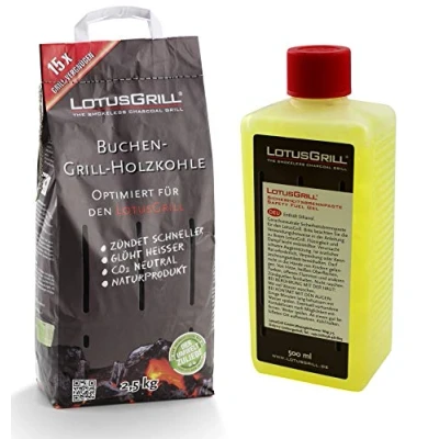 Imagen de LotusGrill Saco de carbón haya 2,5 kg, incluye pasta combustión 500 ml, ambos desarrollados para asar sin humo con el
