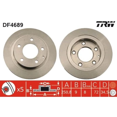 Imagen de TRW DF4689 Disco de freno 251 9 5 114,3 macizo barnizado MAZDA: FAMILIA