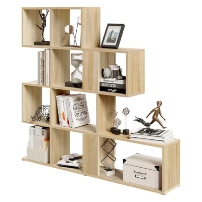 Imagen de eSituro Librería de 4 Niveles, Estantería para Libros con 11 Compartimentos, en Escalera, Separador Espacios, Salón, Dormitorio, Oficina, 115x19,5x109,5 cm, Roble Claro