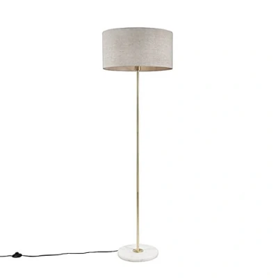 Imagen de Qazqa Moderno Lámpara de pie latón pantalla gris 50cm KASO Textil/Acero/Mármol Redonda Adecuado para LED Max. 1 x 60 Watt