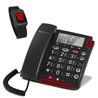 Imagen de Amplicomms BigTel 50 Alarm Plus Teléfono inalámbrico con teclas grandes, botón SOS, pulsera de emergencia, voz, volumen del auricular y tonos llamada