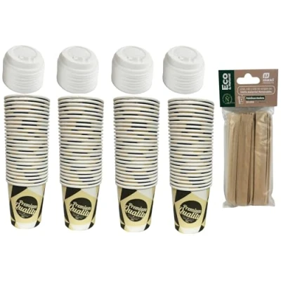 Imagen de ARBUTUS 48 vasos café desechables de cartón para 120ml con tapas plastico,vasos llevar y 50 paletinas madera.