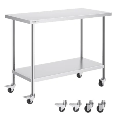 Imagen de VEVOR Mesa de Trabajo Acero Inoxidable 1219x610x954,6 mm con 4 Ruedas 3 Niveles Altura Ajustables Preparación Alimentos Resistente para Cocina Comercial Restaurante