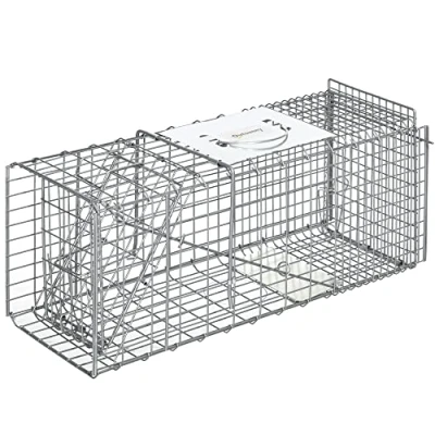 Imagen de Outsunny Trampa para Animales Vivos Plegable 66x24x30,5 cm Jaula de Captura Alambre con Puerta y Asa Conejos Gatos Ratas Roedores Plata