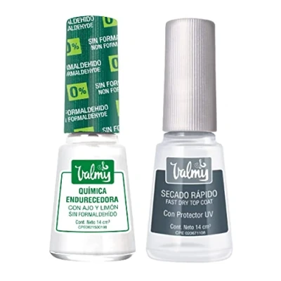 Imagen de VALMY Pack Tratamiento Fortalecedor de Uñas: Química Endurecedora con Ajo y Limón + Top Coat Secado Rapido, Esmalte Protector Endurecedor, Aporta Brillo Protección, 14 ml c/u (2 unidades)