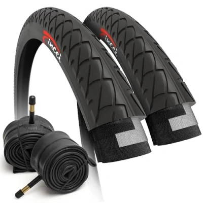 Imagen de Fincci Set Plegable Cubierta 26 x 2.125 Pulgadas Neumaticos 54 559 Slick Cubiertas con Camara de Aire Schrader Válvula Interior para Carretera MTB Hibrida Bici Bicicletas
