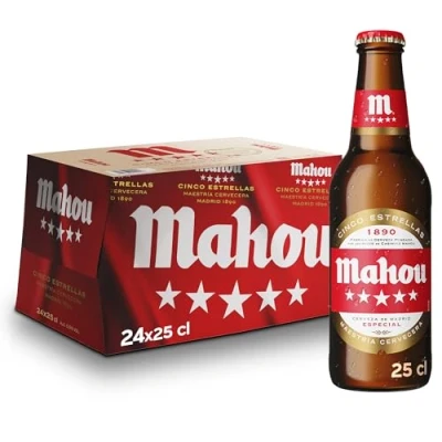 Imagen de Mahou 5 Estrellas, Pack de 24 Botellas x 25 cl, Cerveza Especial Dorada Lager Con Sabor 5.5% Volumen Alcohol