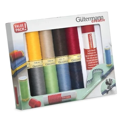 Imagen de Gutermann Creativ Coselotodo Set de 10 bobinas 100 m + Pegamento textil en barra Gutermann, adhesivo temporal para trabajos costura, colores surtidos