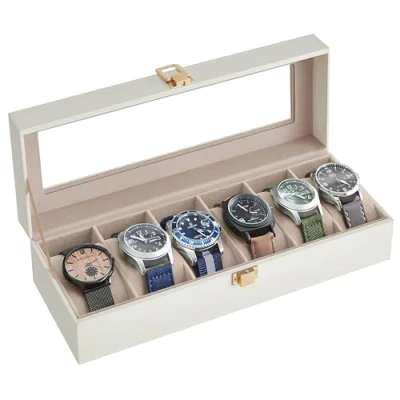 Imagen de SONGMICS JWB006W01 caja de relojes con 6 ranuras, reloj, tapa, tapa cristal, almohadillas extraíbles, cerradura metal, revestimiento blanco nube y forro en color beige capuchino