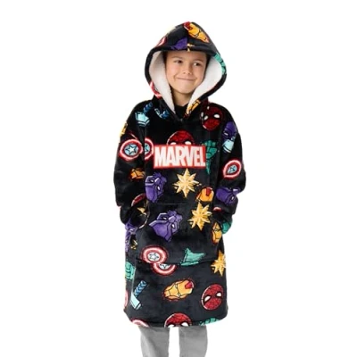 Imagen de Marvel Sudadera con capucha para niños Jersey polar en gris oscuro estampado integral de íconos superhéroes Ropa estar por casa forro Sherpa y bolsillos