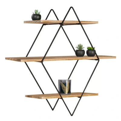 Imagen de IDMarket Estantería de pared rombo LILY 3 niveles madera y metal diseño industrial