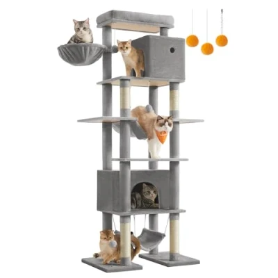 Imagen de Feandrea Árbol Grande para Gatos, Rascador Multinivel Gatos XXL, 201 cm de Altura, con una Plataforma, Cesta, 2 Casas hamacas, Gris Claro PCT195G01