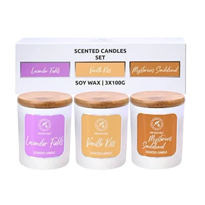 Imagen de AROMATIKA trust the power of nature Vela Perfumada Juego 3x100g de Lavanda Vainilla Sándalo Cera Soja con Natural Aceite Esencial Aromaterapia Idea para Cumpleaños Navidad