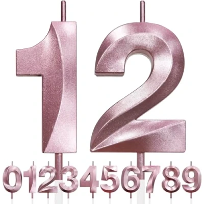 Imagen de 12th Vela de Cumpleaños con Purpurina oro rosa y Diseño 3D Número 12, Velas Números, Decoración Tarta, Tarta para Fiesta Cumpleaños, Aniversario Boda,