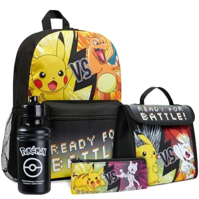 Imagen de Pokémon Mochila Set, 4 Piezas Escolar, Botella de Agua, Billetera, Estuche (Negro/Amarillo)