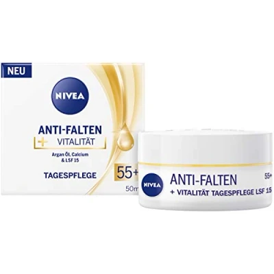 Imagen de NIVEA Antiarrugas + vitalidad cuidado de día SPF 15 55+ (50 ml), crema facial con aceite argán y calcio, suaviza las líneas arrugas visibles
