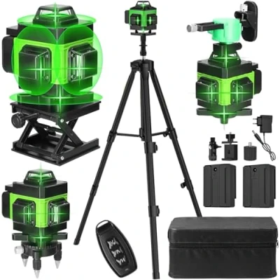 Imagen de nivel laser autonivelante 4 x 360, 4D 16 líneas láser 360 grados horizontal y vertical, IP54, con control remoto 2 2600mAh Baterías (Con trípode)
