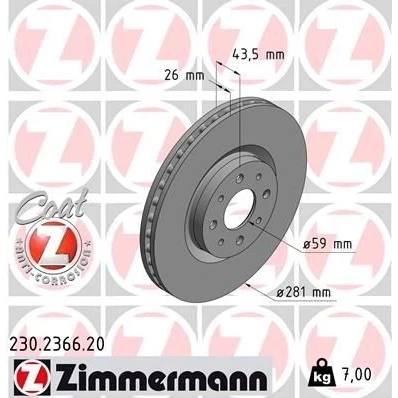 Imagen de ZIMMERMANN Disco de freno FIAT: Stilo Hatchback, BRAVO 2, Multi Wagon, ALFA ROMEO: MiTo, LANCIA: DELTA 3 COAT Z 230.2366.20 46535086,46765546