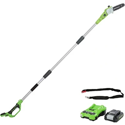 Imagen de Greenworks G24PS20K2 Sierras telescópicas para exterior, Barra 8 Pulgada (20cm), Velocidad Cadena 6,7m/s, 3,2kg, Autoengrasado, Alcance de Poste 2,6m, Batería 24V 2Ah Cargador, Garantía 3Años