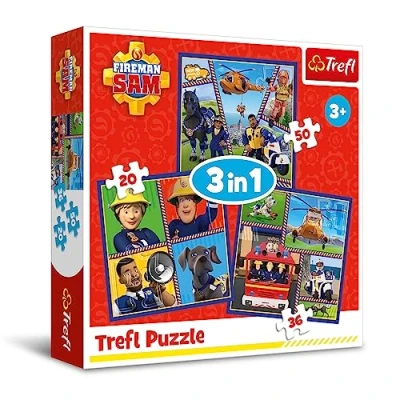 Imagen de Trefl Fireman Sam, el Día de Sam Bombero Puzle 3en1, 3 Rompecabezas, 20 a 50 Piezas Colores con los Personajes la Serie Infantil, Colaje, Distintos Grados dificultad