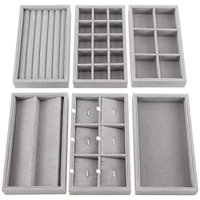 Imagen de BELLE VOUS (Pack de 6 Organizador Joyas para Cajones Terciopelo Gris Apilable 35 x 24 cm Bandeja Variadas 36 Compartimentos en Total Collares, Anillos, Brazaletes y Aretes