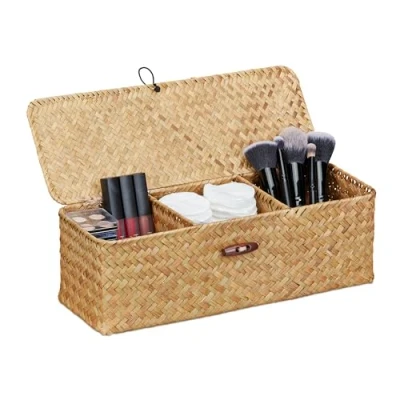 Imagen de Relaxdays Caja de Almacenaje con Tapa Alga Marina, 3 Compartimentos, Almacenamiento Baño, 11 x 33 12,5 cm, Natural, Fibra Vegetal, 12.5 cm