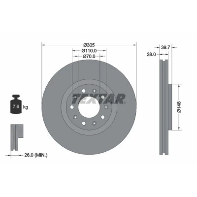 Imagen de TEXTAR PRO 92220803 Disco de freno 305 28 05/10 110 ventilación interna revestido sin perno sujeción rueda, buje rueda