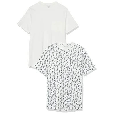 Imagen de Amazon Essentials Camiseta de Manga Corta con Bolsillo, Cuello Redondo y Corte Recto Hombre, Pack 2, Blanco/Estampado Piñas, XS