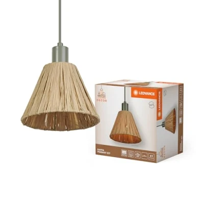 Imagen de LEDVANCE Pendelleuchte Decor Raffia grün braun aus Bast und Metall, E27, 200 mm Durchmesser, Leuchtenschirm recyceltem Material, nachhaltig durch austauschbare Lichtquelle, einfache Montage