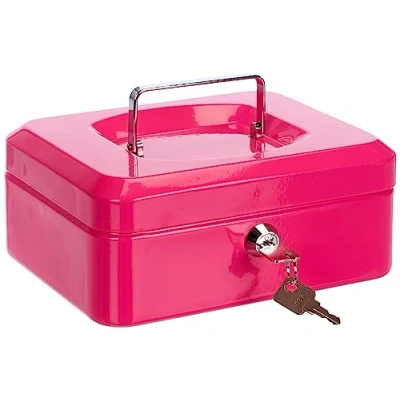 Imagen de Pavo Caja de dinero metal 9x16x20cm pulgadas con 2 llaves y bandeja cambio extraíble, color rosa